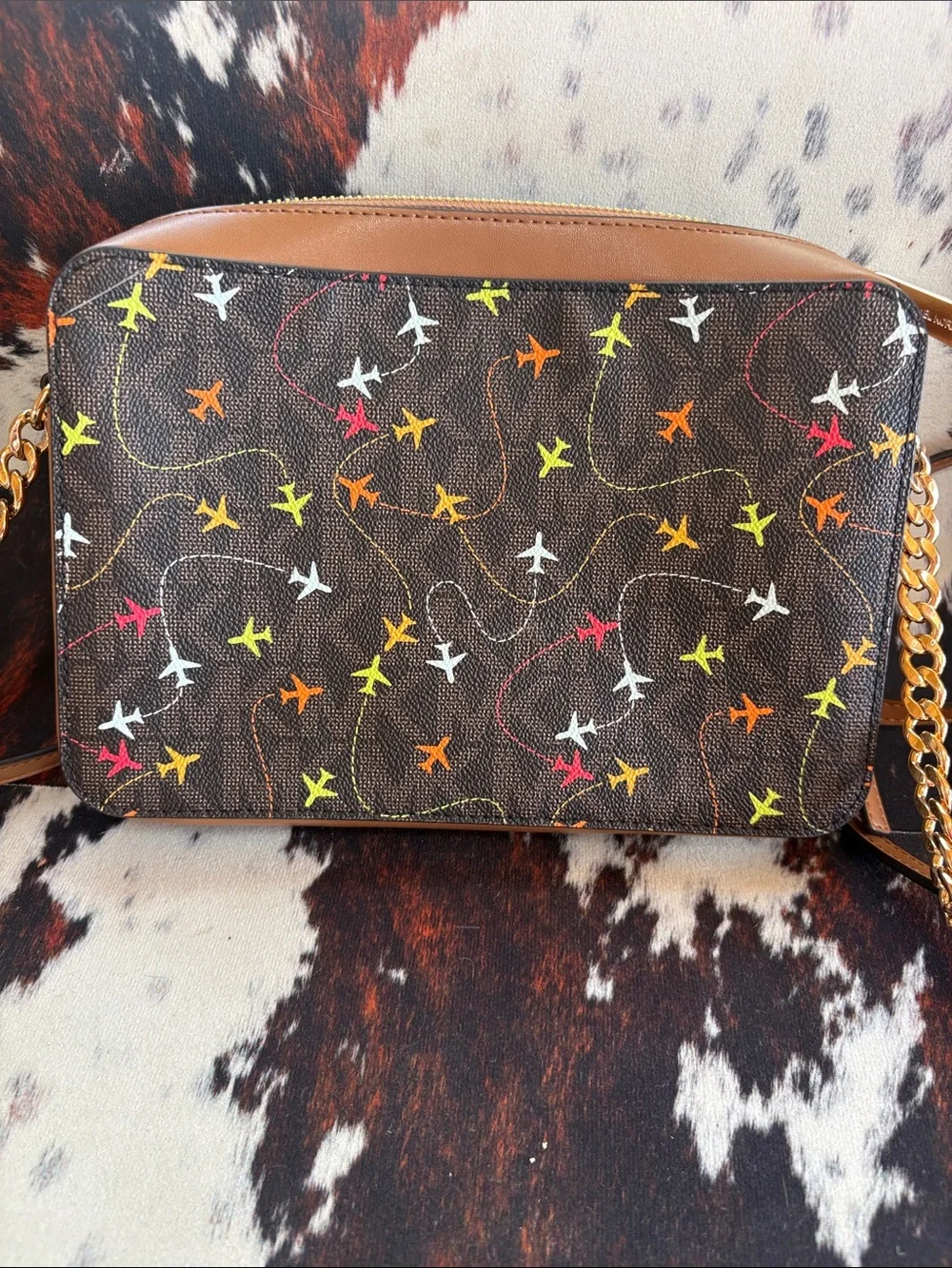 Michael Kors Brown Crossbody Bag with Multicolor Airplane Motif